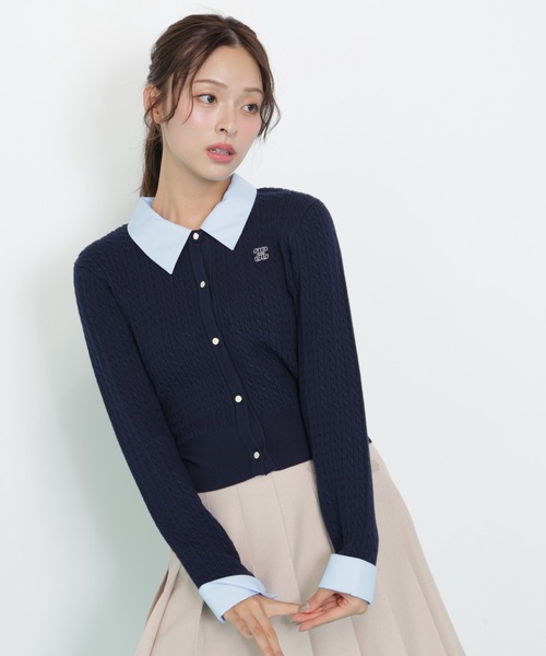 試着のみ シルク100%ケーブル編み 濃紺衿つきカーディガン ニットジャケット 優待価格[NORD CADRE]【ウォッシャブル】フリンジニットジャケット