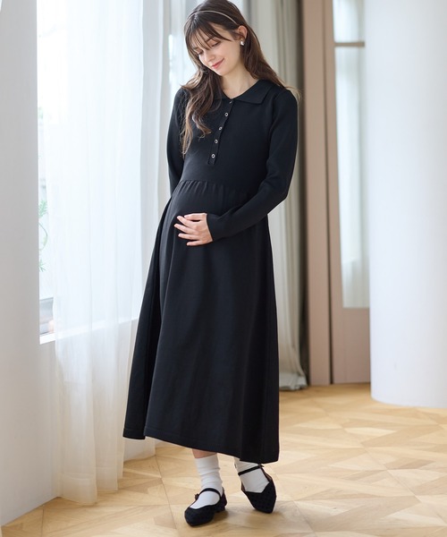 授乳口付きマタニティロングワンピース Rosemadame（ローズマダム） マタニティ ポロニットワンピース