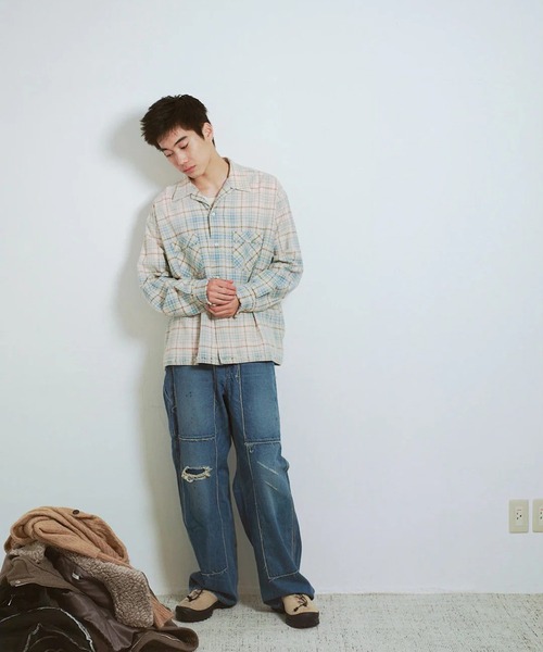 シャツ COTTON FLANNEL PLAID OPEN COLLAR SHIRT : DISTRESSED メンズ_4
