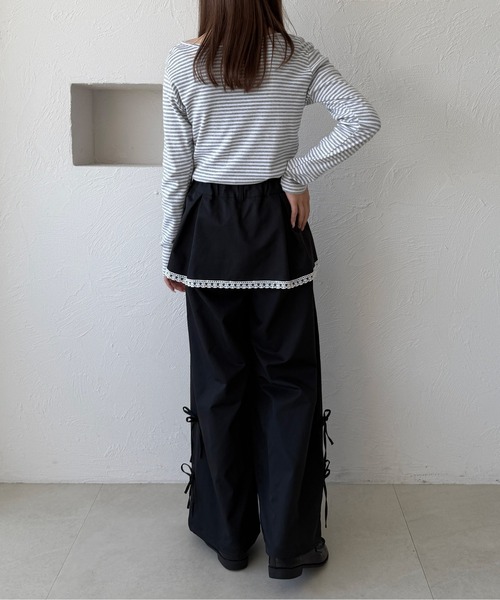 今季商品レース装飾 リボン付き カジュアルパンツ ブラックサイズ42 40 kutir（クティール） ワイドパンツ パンツ 「新色追加」レースリボン