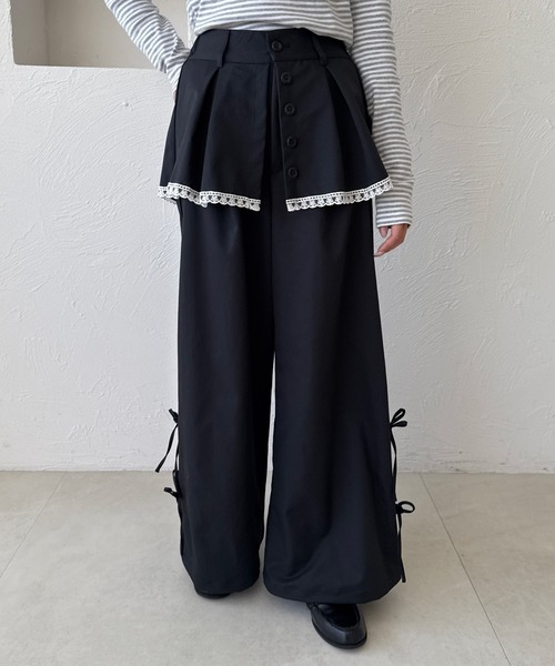 今季商品レース装飾 リボン付き カジュアルパンツ ブラックサイズ40 kutir（クティール） ワイドパンツ パンツ 「新色追加」レースリボン