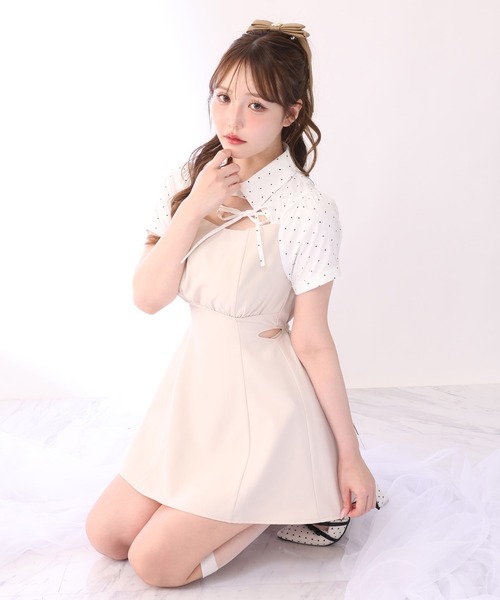 one after another NICE CLAUP ワンピース 半袖 サイドカット異素材