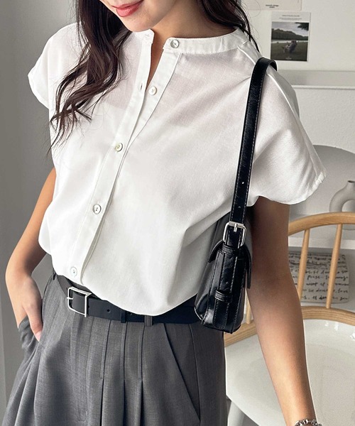 フレンチスリーブ ブラウス[SG] 送料無料 （返品交換ギフト包装不可）レディース 女性 婦人服 バンドカラー コットンシルク トップス 夏 9号 Mサイズ GeeRA ブラウス シャツ 無地/ストライプ バンドカラーフレンチ