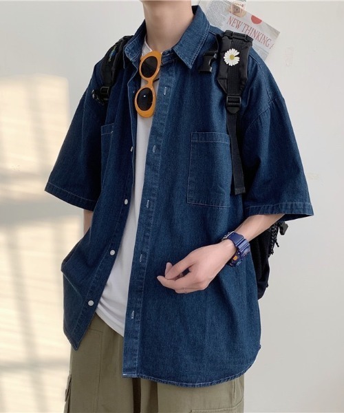 ブルーオーバーサイズシャツ ポケット付き 綿100％オーバーサイズ脇ポケット付Tシャツ【大きいサイズ有