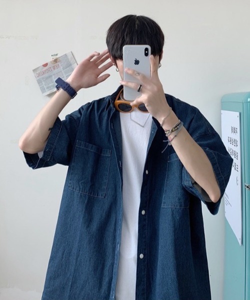 ☆boohoo MAN☆ジャカードデニム オーバーサイズ シャツ Shoowtime シャツ オーバーサイズデニムチャイナシャツ メンズ