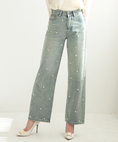 *Alice + Olivia* パールビーズデニムパンツ ジーンズ Amazing Crystal Embellished Hem Jean In Lightning Blue