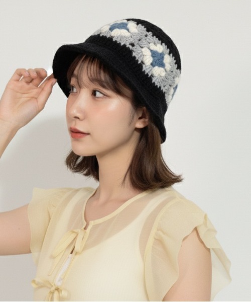 帽子 ハット 「HIKA」かぎ編み花モチーフニットHAT レディース メンズ