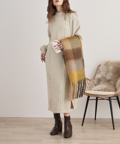 myke ワンピース ケーブル編みニット ハイネックワンピース : ZOZOTOWN