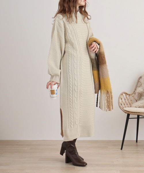 myke ワンピース ケーブル編みニット ハイネックワンピース : ZOZOTOWN