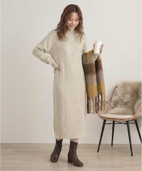 myke ワンピース ケーブル編みニット ハイネックワンピース : ZOZOTOWN