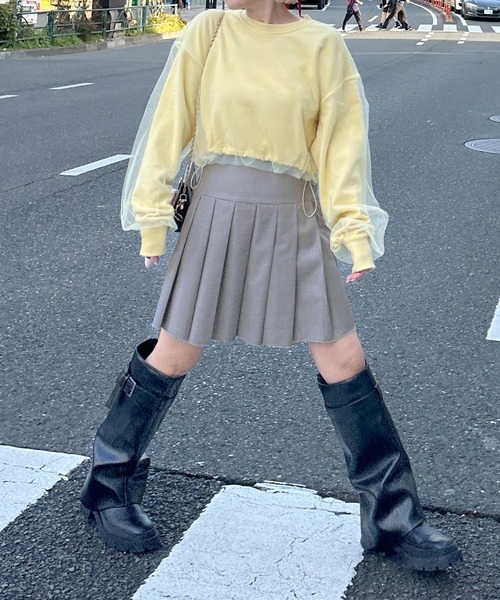 プリーツミニスカート+パンツ パンツ裏地ベルト付サイドプリーツミニスカート | レディース