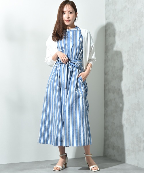aya ストライプ 半袖シャツワンピース ストライプ柄 シャツワンピース ワンピース 半袖 ロング 送料