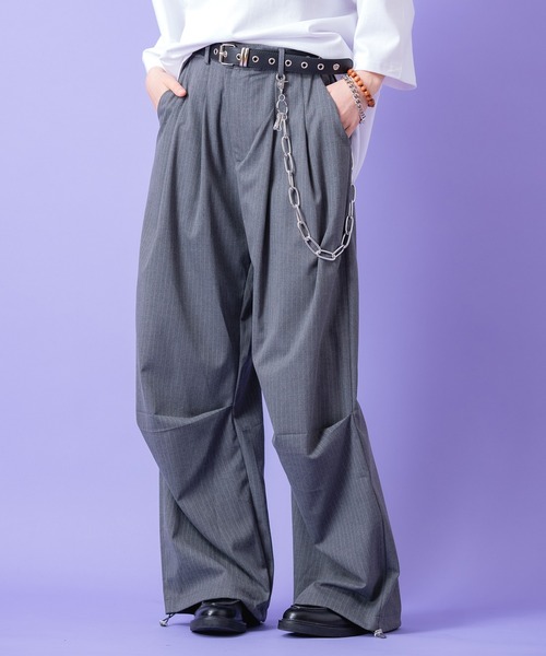 ワイドパンツ スラックス a.p.o.v. ドレープニータックピンストライプ