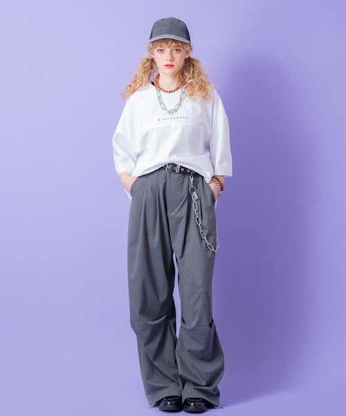 ワイドパンツ スラックス a.p.o.v. ドレープニータックピンストライプ