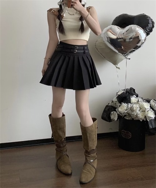 PUTUMAYO ミニスカート　used HOOK】for girls 定番 無地ボックスプリーツミニスカート デニム