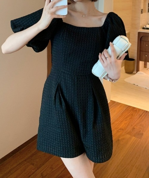 deux amour オールインワン スクエアネックバルーンスリーブ半袖 
