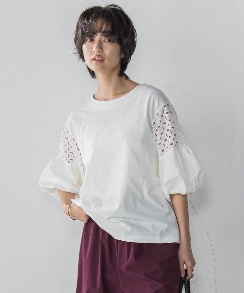 tシャツ 「WEB限定」刺繍レーススリーブプルオーバー「洗濯機で洗える」 レディース