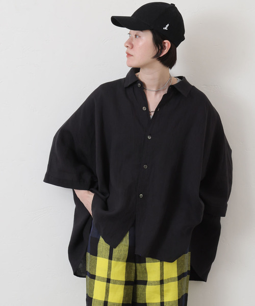 美品✨24SS Plantation リネンキャンバス ノーカラーブラウス 黒 Plantation / S リネンレーヨン / ブラウス(XL pink(18)): SALE