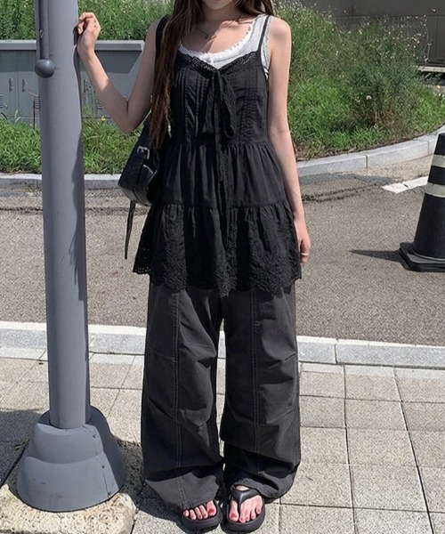 黒 メッシュ キャミワンピース 　d&g リボン LADY LIKE（レディライク） ワンピース 夏 レースリボン付きミニ丈