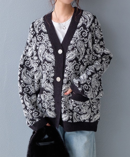 カーディガン ペイズリー柄 ジャガードニットカーディガン レディース