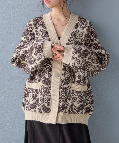 カーディガン ペイズリー柄 ジャガードニットカーディガン レディース