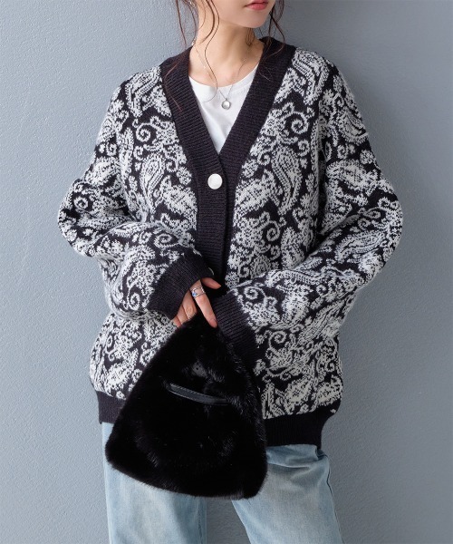 カーディガン ペイズリー柄 ジャガードニットカーディガン レディース