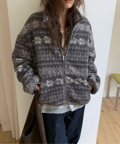 LUCPY パーカー ノルディック柄ボアフリースジャケット／あったか軽量