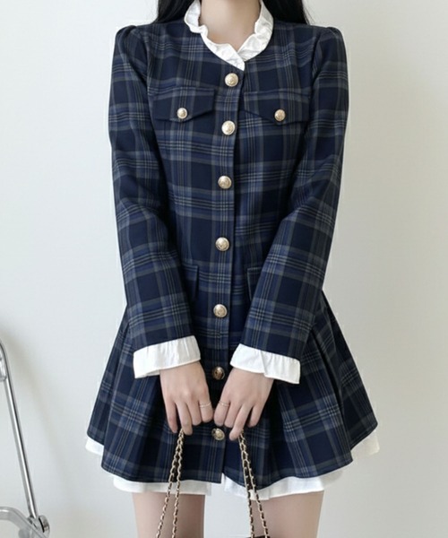 ワンピース チェック柄 ゴールドボタン ミニワンピース / 韓国 ガーリー サブカル 地雷系 | lulufa | 02