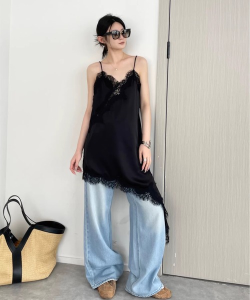 LACーVERT ワンピース アシンメトリーサテンレースキャミワンピース