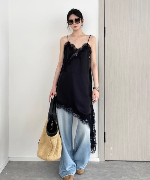 LACーVERT ワンピース アシンメトリーサテンレースキャミワンピース