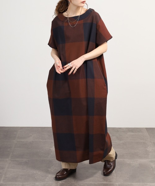 SANDRO チェック柄 半袖ワンピース OMNES（オムネス） ワンピース 夏 半袖 コットンスラブチェック柄