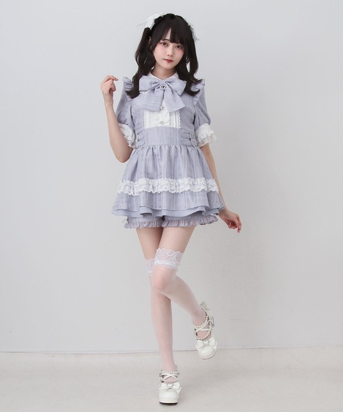 紺色チェック ハートボタン メイド風セットアップ DearMyLove セットアップ シアーチェックハートバックルリボン