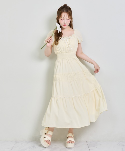 NICE CLAUP ウエストシャーリングロングワンピース one after another NICE CLAUP ワンピース 夏 半袖 ウエスト