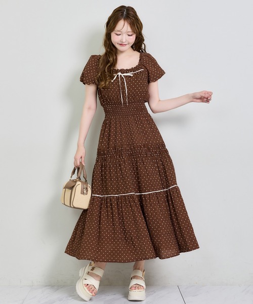 NICE CLAUP ウエストシャーリングロングワンピース one after another NICE CLAUP ワンピース 夏 半袖 ウエスト