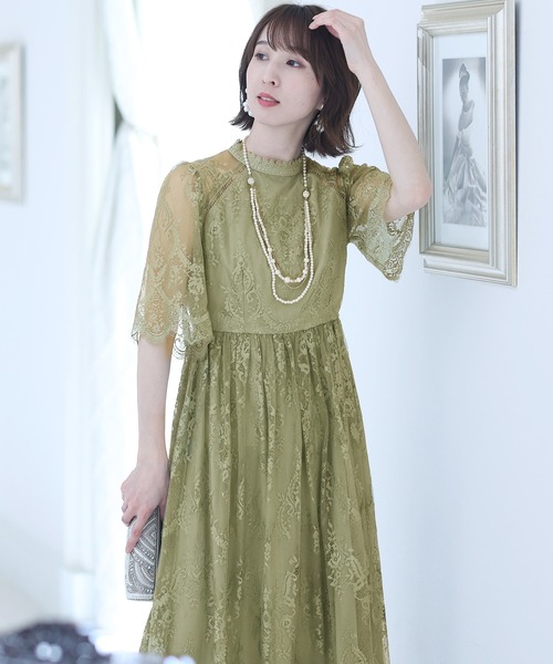 PourVous ドレス 七分袖＆ロング パーティードレス スカラップ
