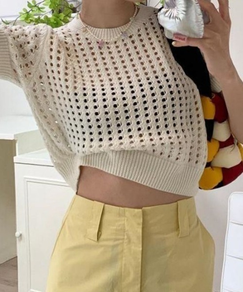 Achic ニット セーター カラーメッシュ夏ニットトップス レディース