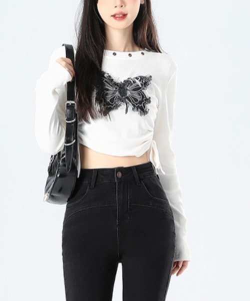 tシャツ バタフライモチーフオフショルダーTシャツ レディース DIAVEL tシャツ バタフライOR刺繍ロゴ/ サイドシャーリング