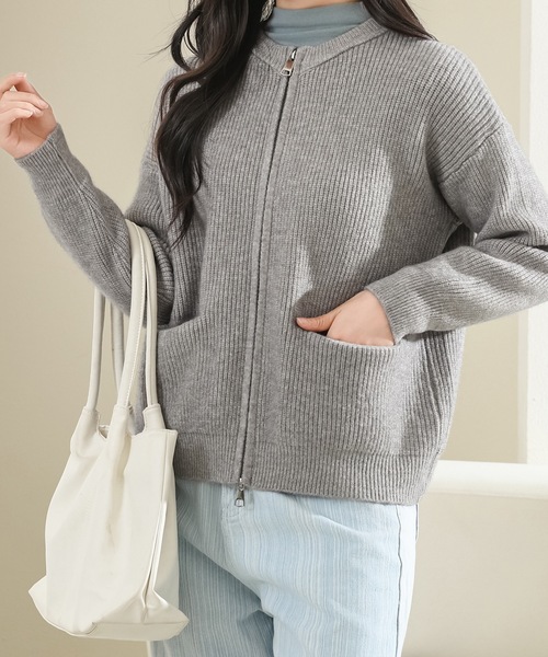 現行♡美品♡ルネ ダブルジップ ニットジャケット カーディガン パール 38 Lace Ladies（レースレディース） カーディガン ラウンドネック ダブル