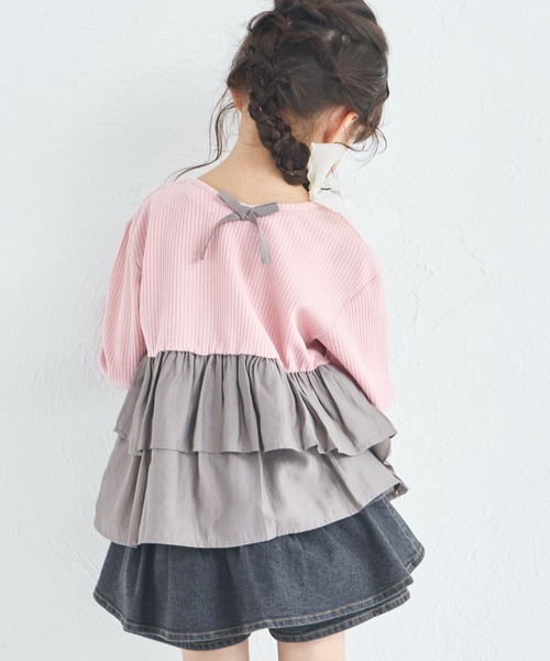 Misha & Puff フリル付き長袖Tシャツ pairmanon（ペアマノン） tシャツ 「軽ふわっふる」 ワッフル フリル