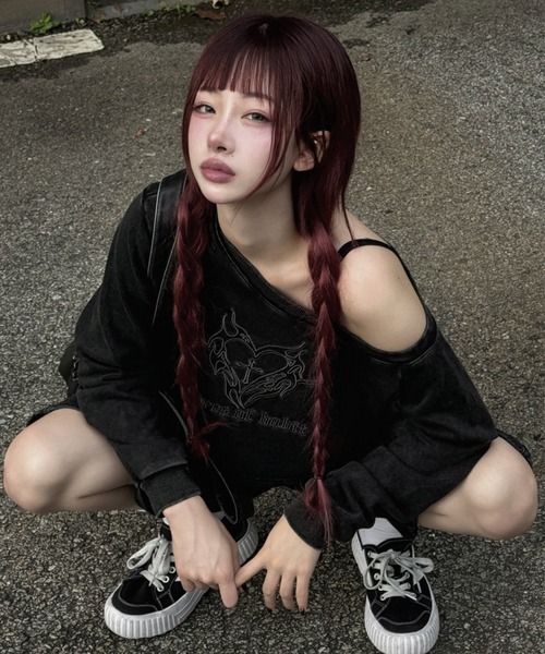 KsG tシャツ ワンショルダーフロントデザインロングTシャツ レディース