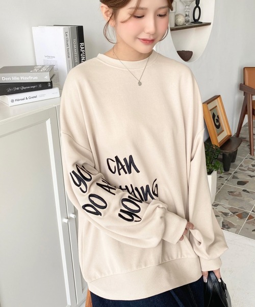 moment+ トレーナー スウェット 裏毛オーバーサイズロゴ刺繍スウェット