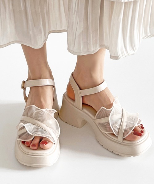 Shoes in Closet サンダル 軽量厚底 チュール フリル ヒール