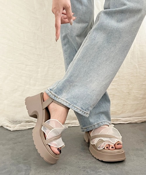 Shoes in Closet サンダル 軽量厚底 チュール フリル ヒール