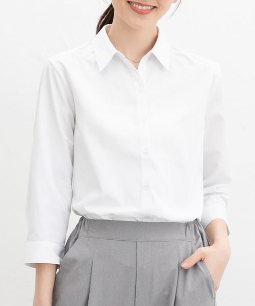 フォーマル ブラウス シャツ 「らくらくアイロン」７分袖織柄スキッパーシャツ レディース | Honeys | 01