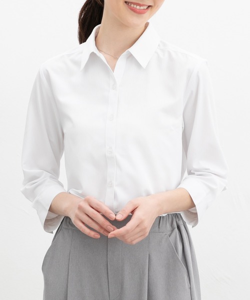 フォーマル ブラウス シャツ 「らくらくアイロン」７分袖織柄スキッパーシャツ レディース | Honeys | 07