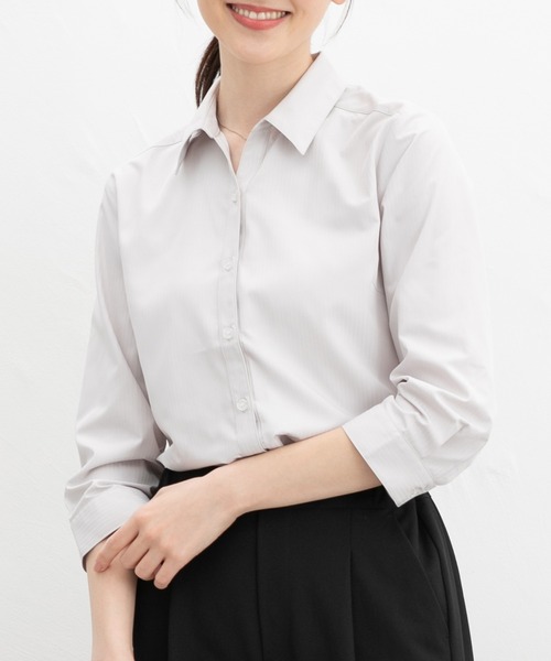フォーマル ブラウス シャツ 「らくらくアイロン」７分袖織柄スキッパーシャツ レディース | Honeys | 11