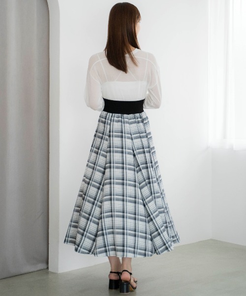 ♡アンドクチュール♡新品タグ付き♡ウエストリブバックリボンフレアスカート♡ミント AND COUTURE スカート ウエストリブチェックフレアスカート