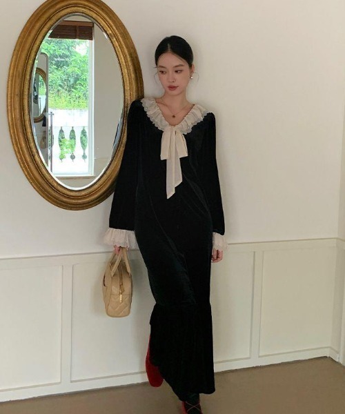 AsheKsha ワンピース フリルカラーネックタイワンピース／クラシック