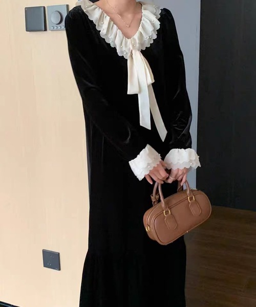 AsheKsha ワンピース フリルカラーネックタイワンピース／クラシック