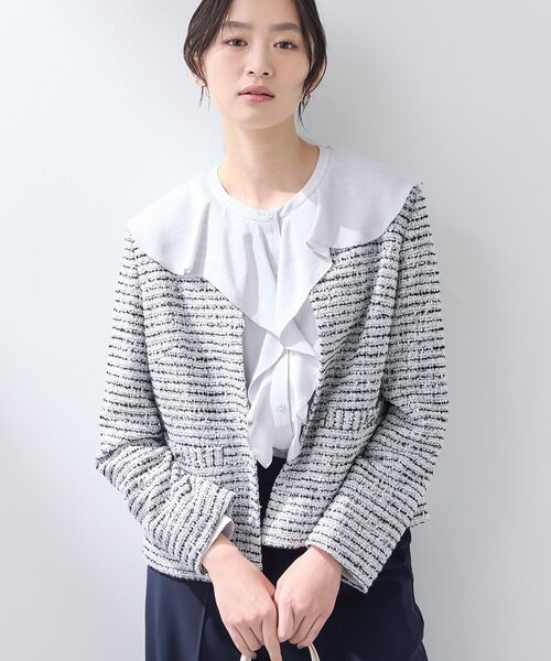 極美品✨INDIVI ツィードノーカラージャケット　ウォッシャブル　ホワイト INDIVI（インディヴィ） ジャケット ノーカラージャケット 入学式